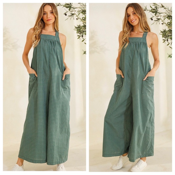 Boho Plaid Tie Back Wide Leg Jumpsuit - Picture 3 of 5